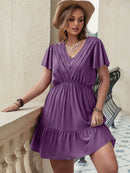 Plus Size Ruffle Hem V-Neck Short Sleeve Dress - SELFTRITSS