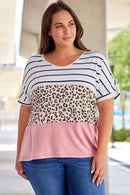 Striped Leopard Color Block Plus Size T-Shirt - SELFTRITSS   