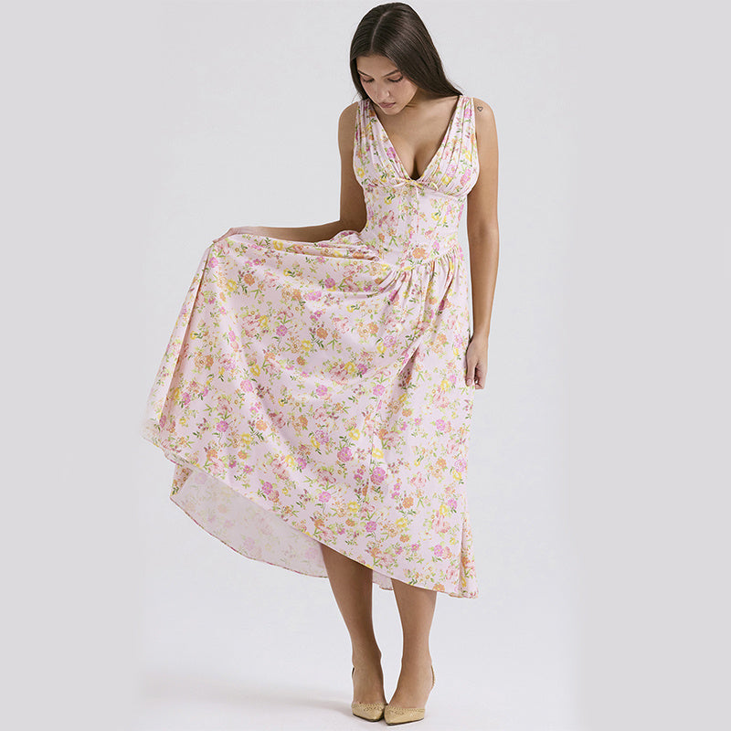 Pleated Floral Print Tight Waist Swing Dress
