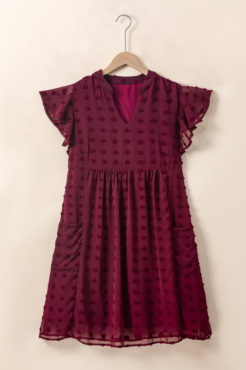 Burgundy Plus Size Swiss Dot Ruffled Sleeve V Neck Dress - SELFTRITSS