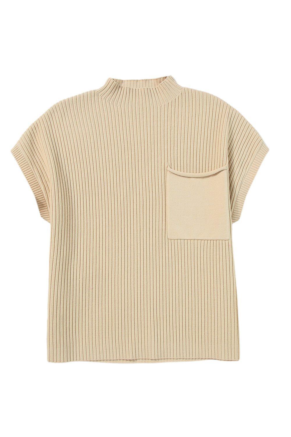 Oatmeal Patch Pocket Ribbed Knit Short Sleeve Sweater - SELFTRITSS   