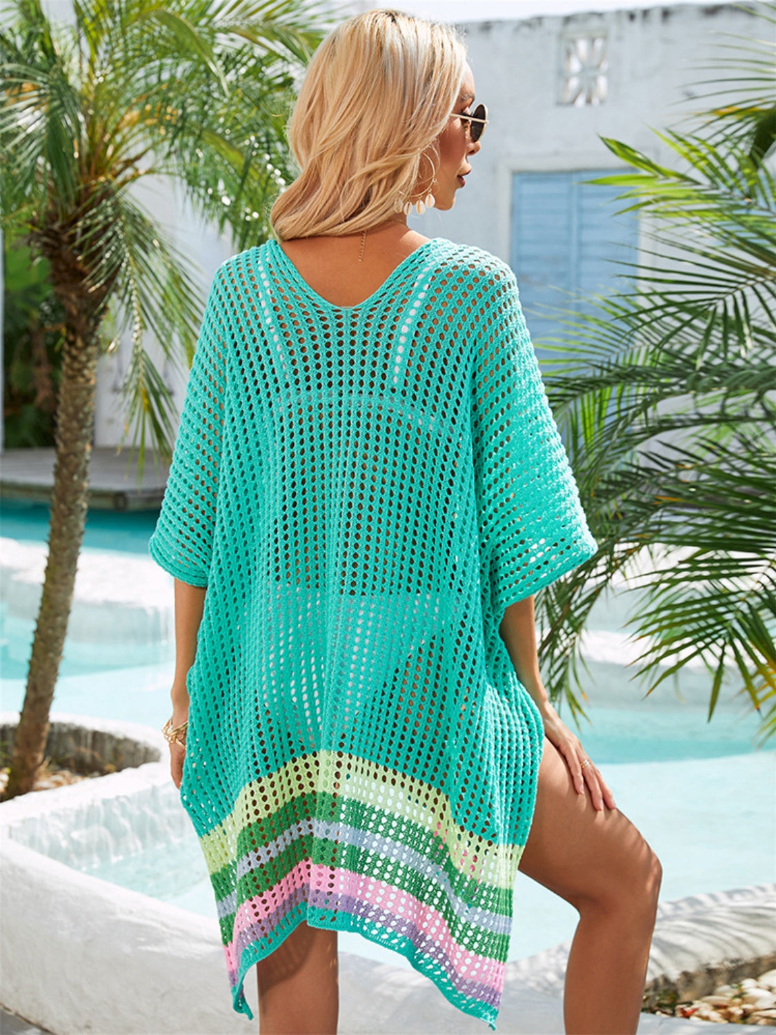 Slit Openwork V-Neck Half Sleeve Cover-Up - SELFTRITSS