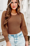 Brown Ribbed Balloon Sleeve Bodysuit - SELFTRITSS