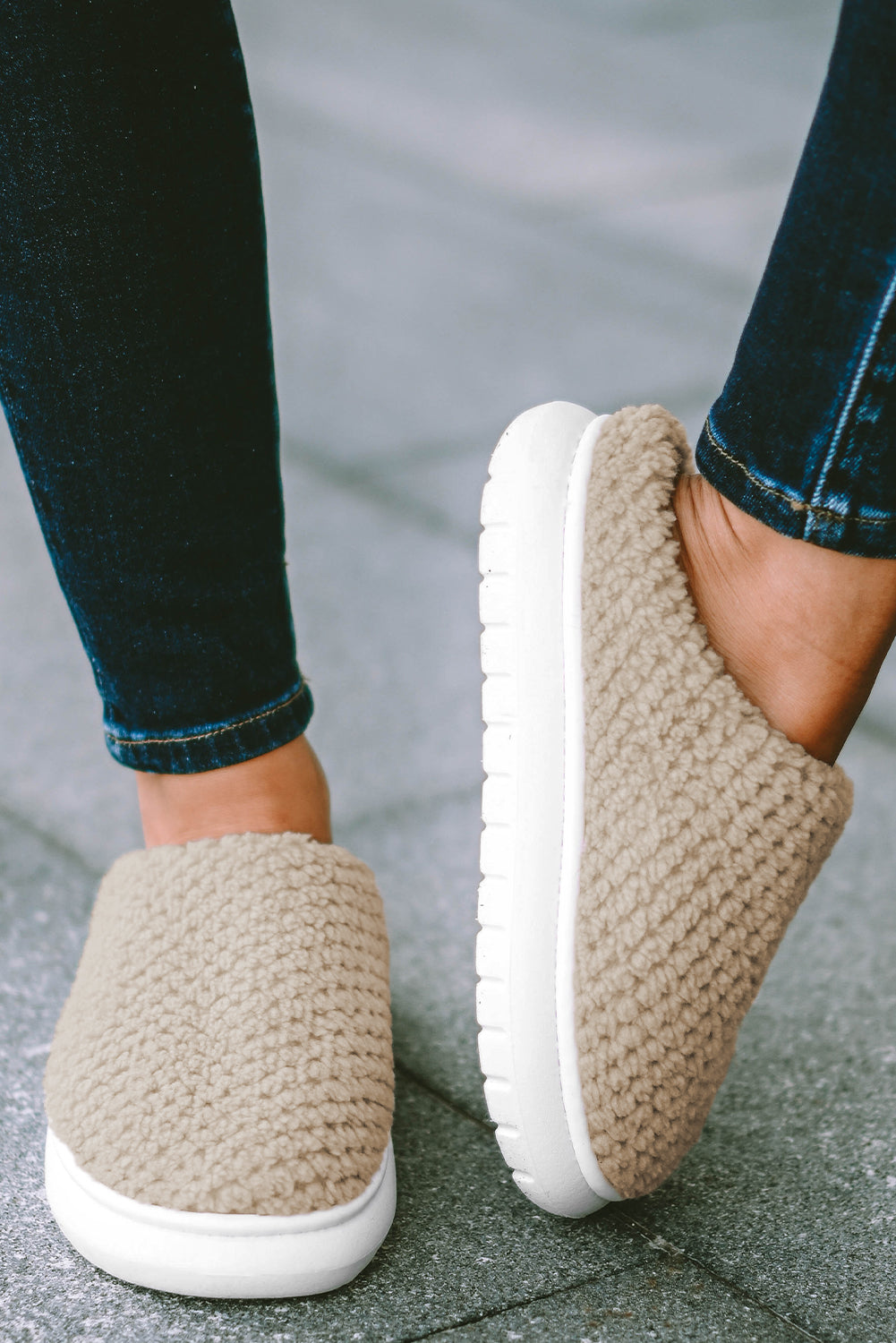 Pale Khaki Two-tone Knitted Warm Homewear Slippers - SELFTRITSS