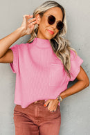 Pink Patch Pocket Ribbed Knit Short Sleeve Sweater - SELFTRITSS   