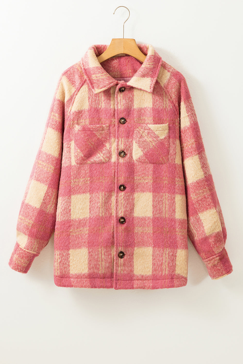 Peach Blossom Plaid Print Buttoned Collared Chest Pockets Shacket - SELFTRITSS   