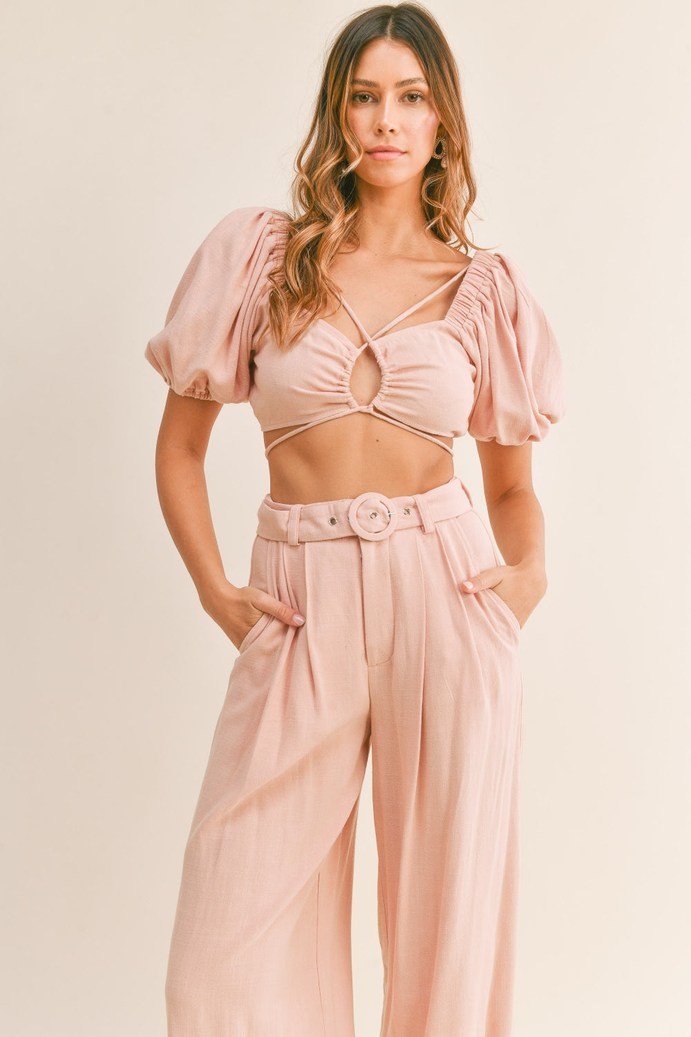 MABLE Cut Out Drawstring Crop Top and Belted Pants Set - SELFTRITSS