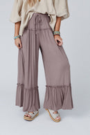 Khaki Frilled Drawstring High Waist Wide Leg Pants - SELFTRITSS   