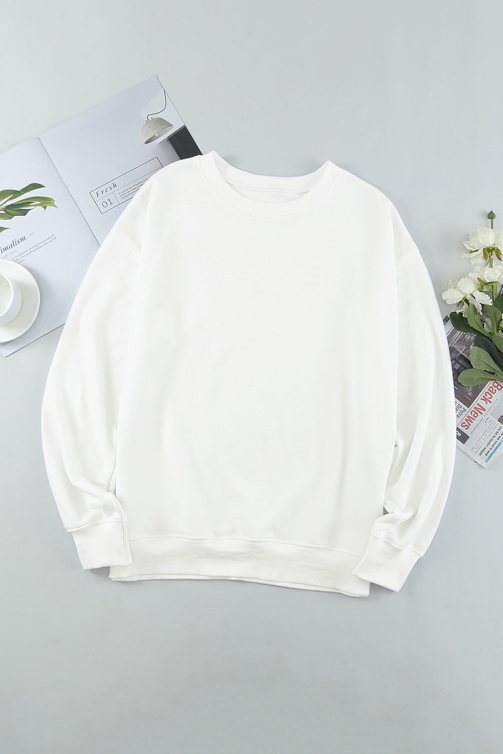 Beige Plain Crew Neck Pullover Sweatshirt - SELFTRITSS