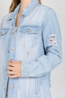 American Bazi Letter Patched Distressed Denim Jacket - SELFTRITSS