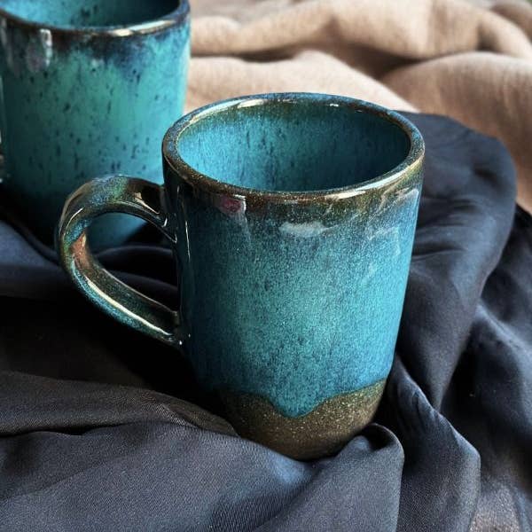 Turquoise & Black Mug w/ Hints of Blue & Brown Coffee Mug Set of 4