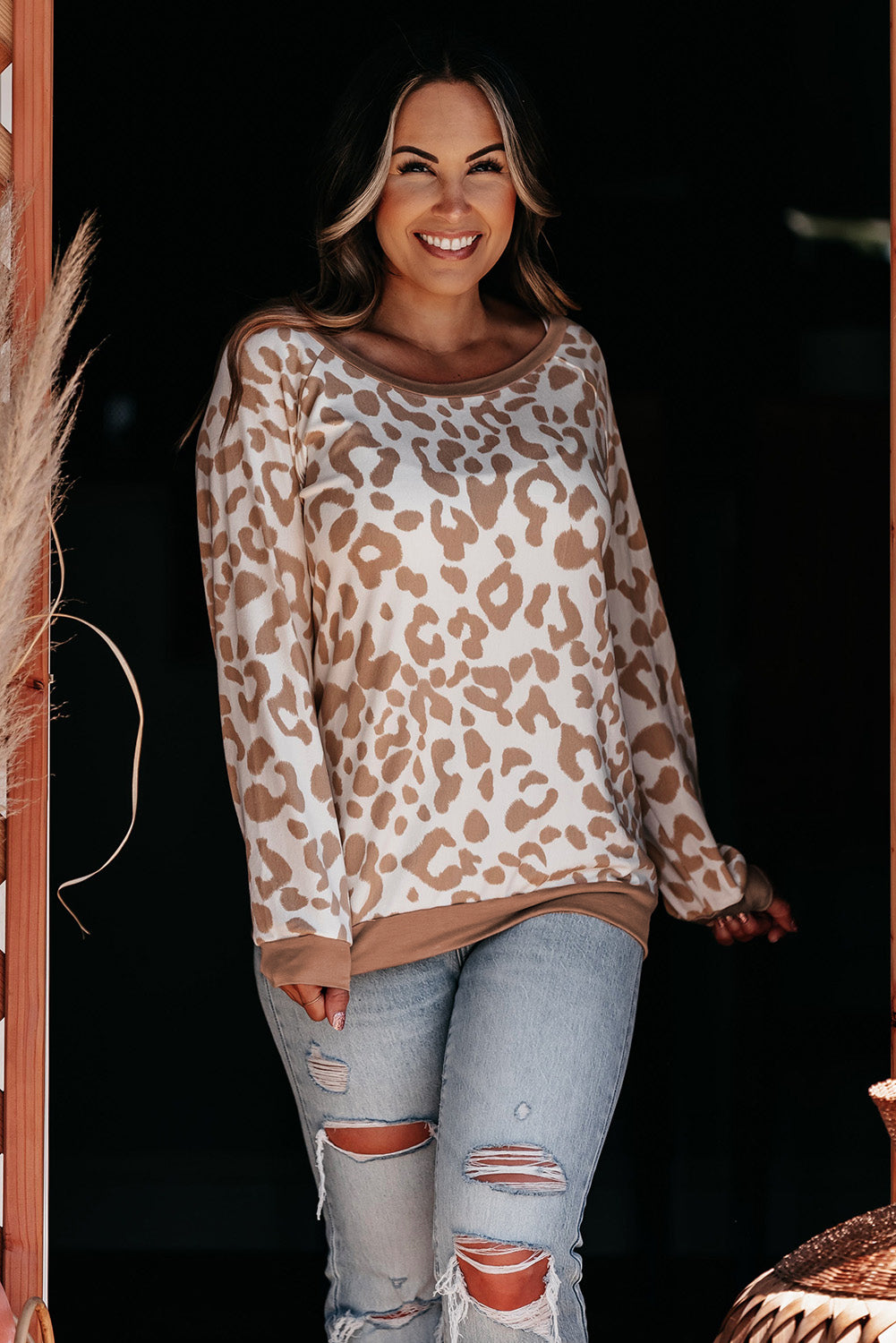 Khaki Printed Plus Size Leopard Print Boat Neck Long Sleeve Top - SELFTRITSS   