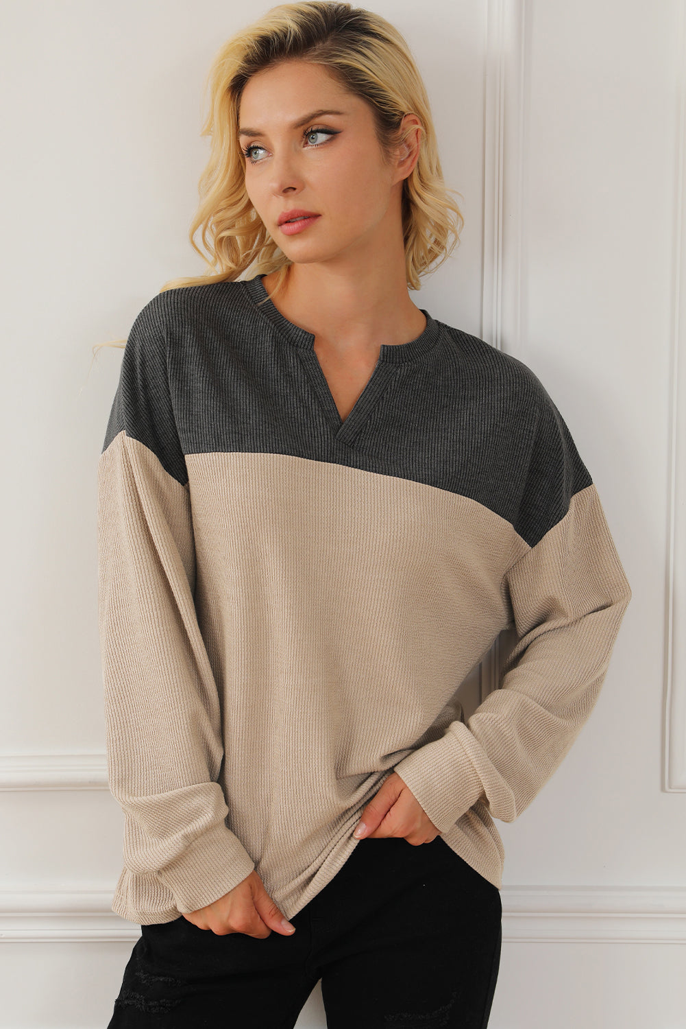 Carbon Grey Notched Neck Colorblock Corded Sweatshirt - SELFTRITSS