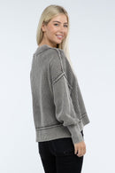 Sage Washed Side Slit Oversized Cropped Sweater