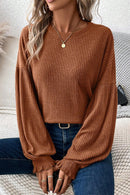 Chestnut Ribbed Knit Drop Shoulder Ruffled Sleeve Textured Top - SELFTRITSS