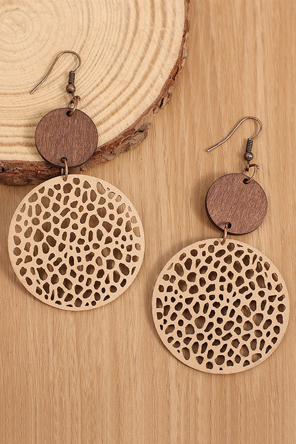 Khaki Hollow Out Wooden Round Drop Earrings - SELFTRITSS