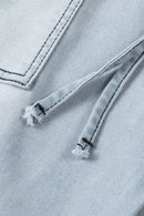 Sky Blue Vintage Frayed Hem Plus Size Drawstring Denim Shorts
