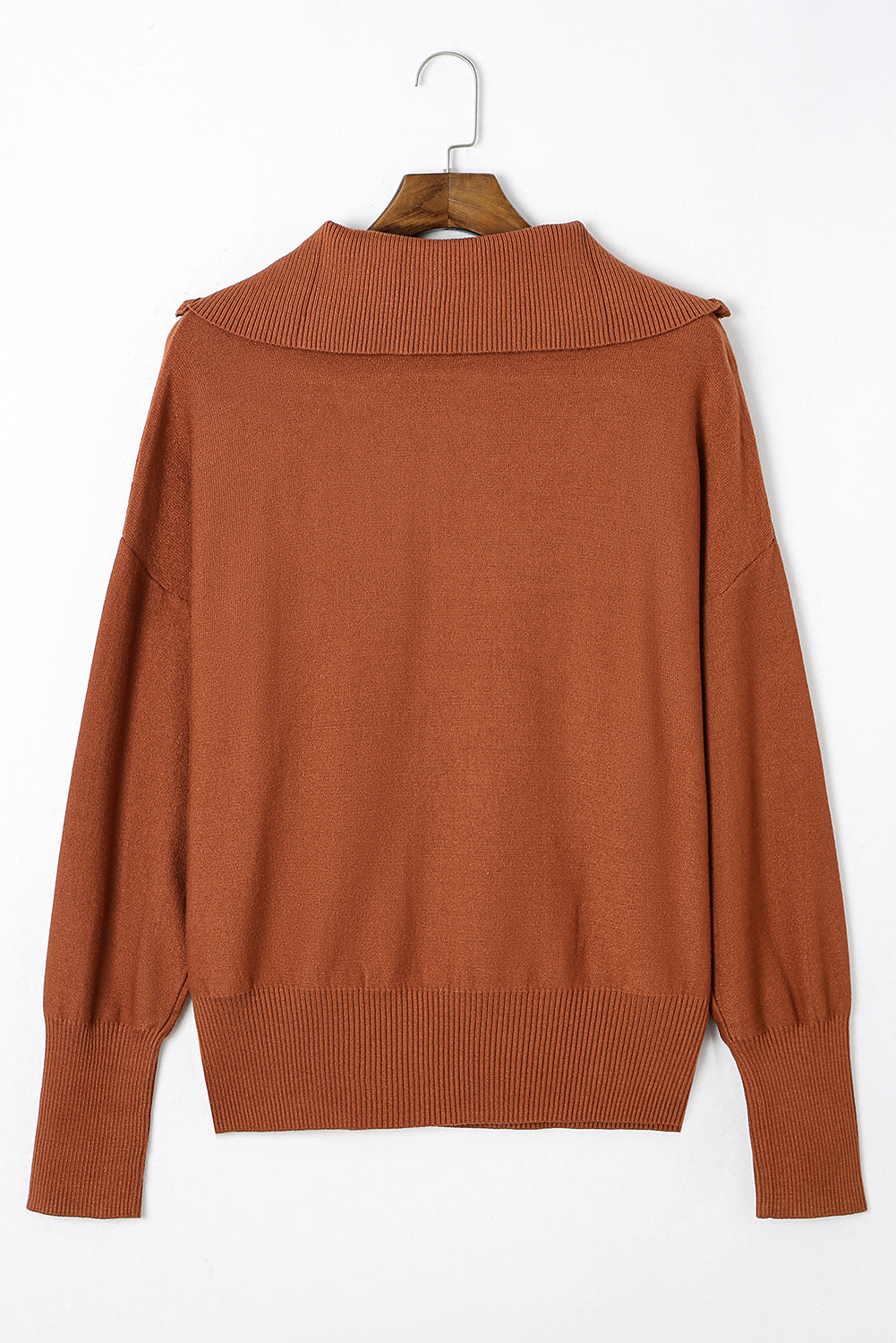 Brown Solid Ribbed Trim Plus Size Zip Collar Sweater - SELFTRITSS