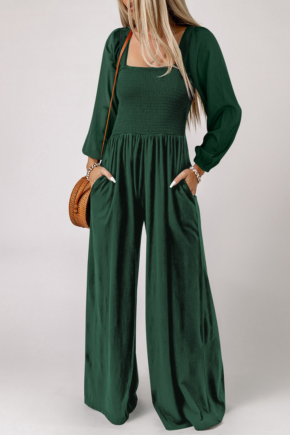 Green Smocked Square Neck Long Sleeve Wide Leg Jumpsuit - SELFTRITSS   