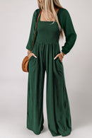 Green Smocked Square Neck Long Sleeve Wide Leg Jumpsuit - SELFTRITSS   