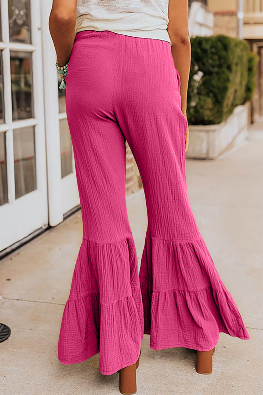 Rose Textured High Waist Ruffled Bell Bottom Pants - SELFTRITSS