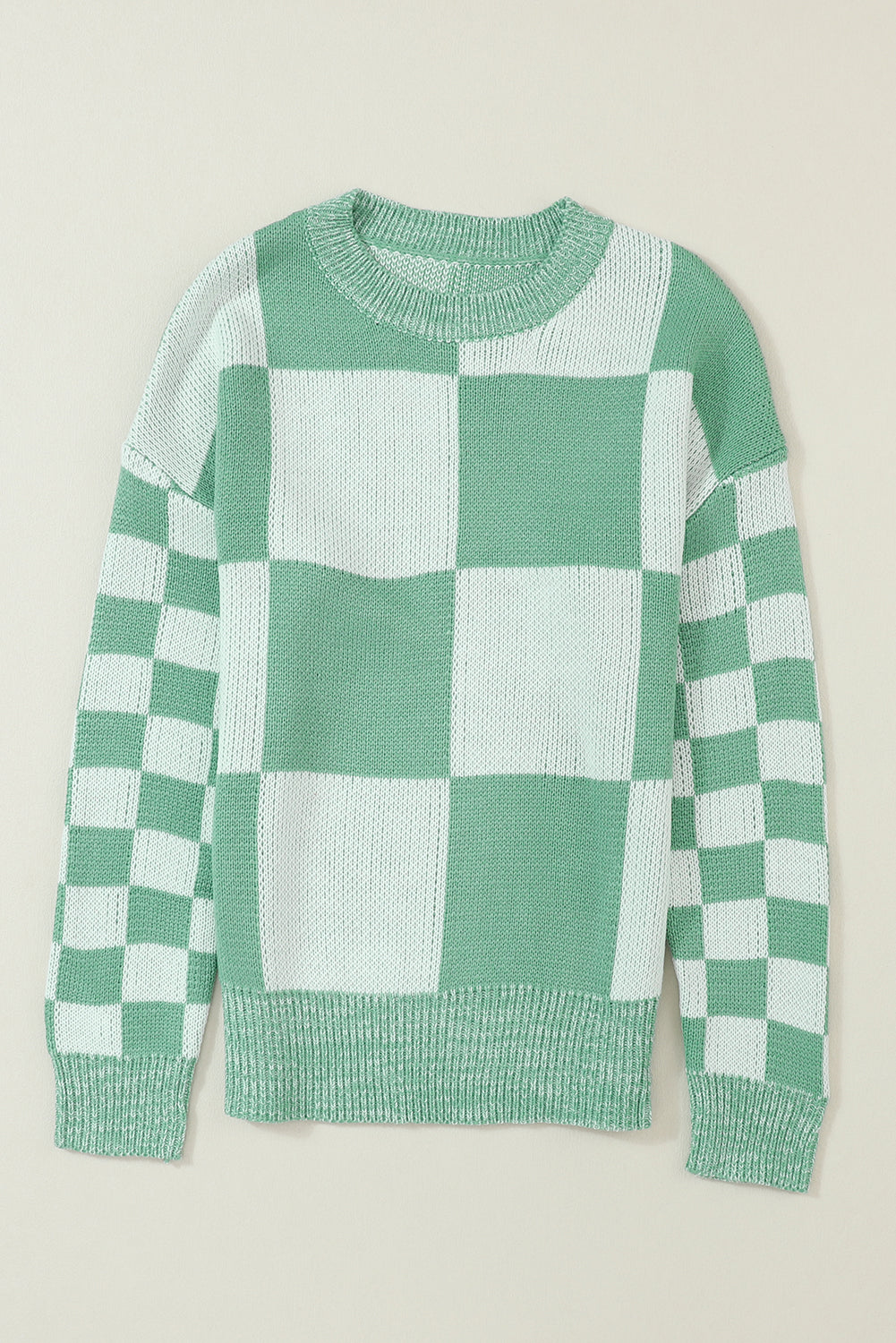 Mint Green Checkered Print Drop Shoulder Sweater - SELFTRITSS   