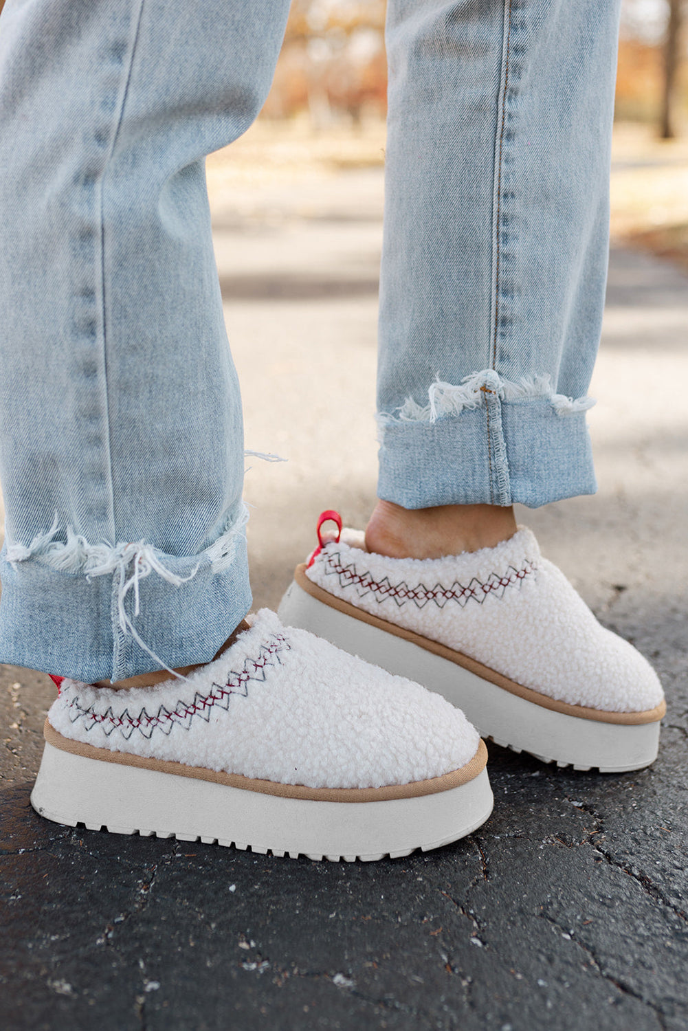 White Embroidered Sherpa Plush Thick Sole Winter Mules
