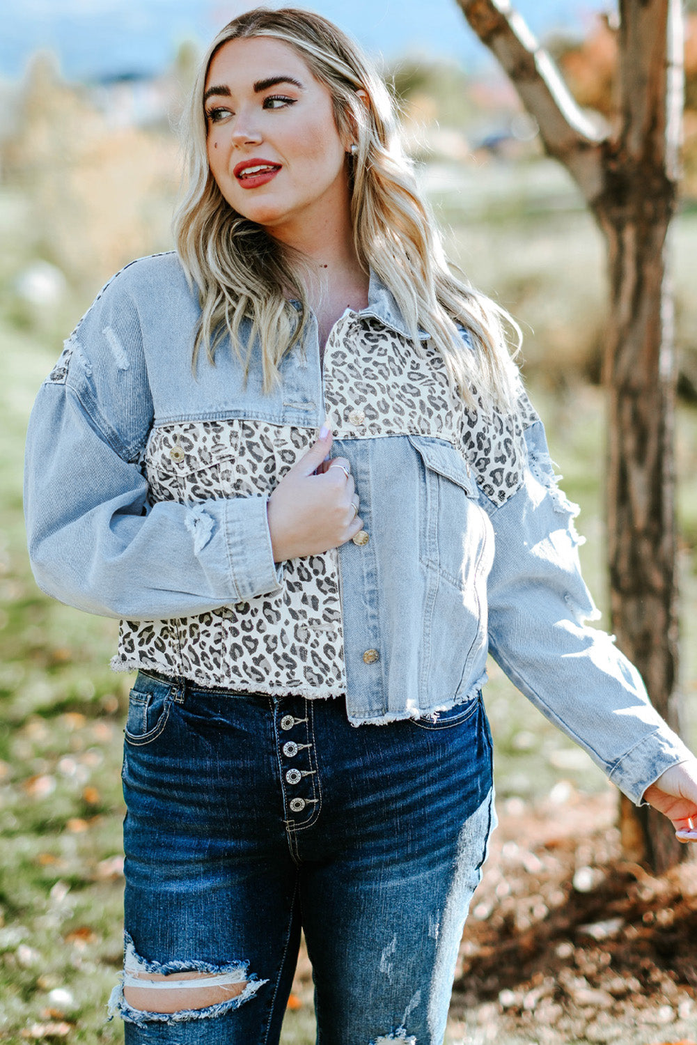 Blue Plus Size Leopard Ripped Cropped Denim Jacket - SELFTRITSS