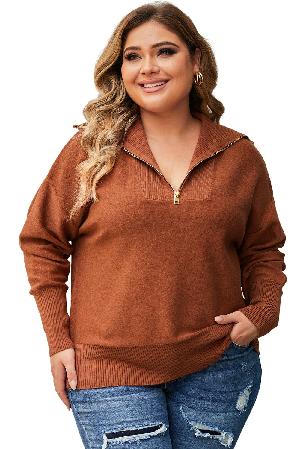 Brown Solid Ribbed Trim Plus Size Zip Collar Sweater - SELFTRITSS