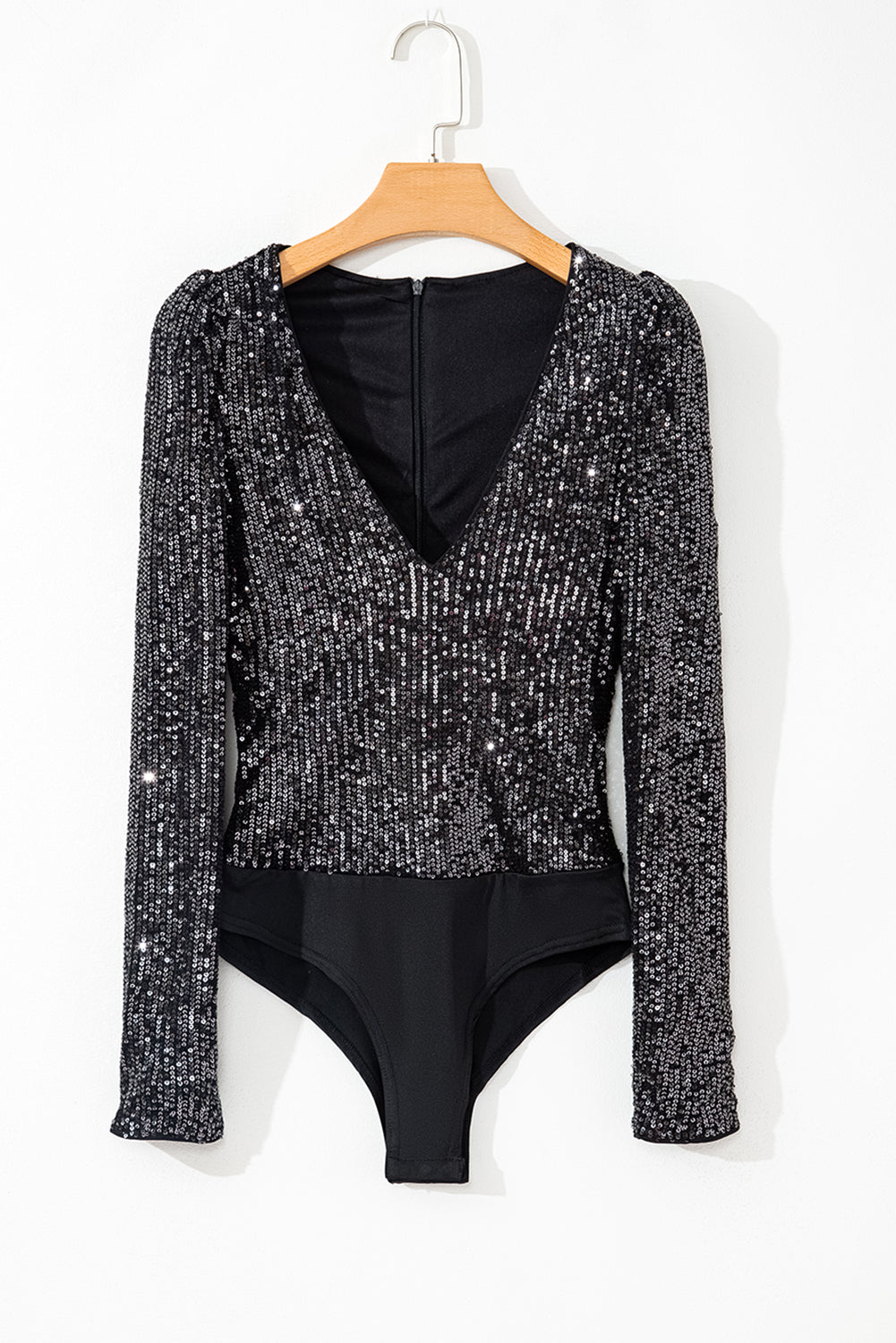 Black Sequin V Neck Zipped Long Sleeve Bodysuit - SELFTRITSS   