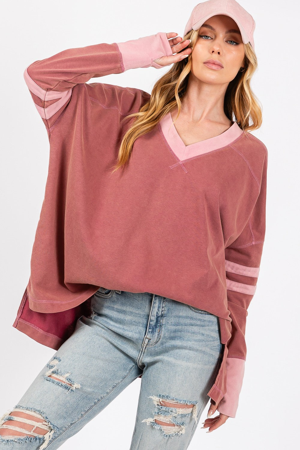 Pink Mineral Wash Side Slit Contrast Sweatshirt