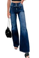 Blue Buttons Elastic Wide Waistband Back Flare Jeans - SELFTRITSS
