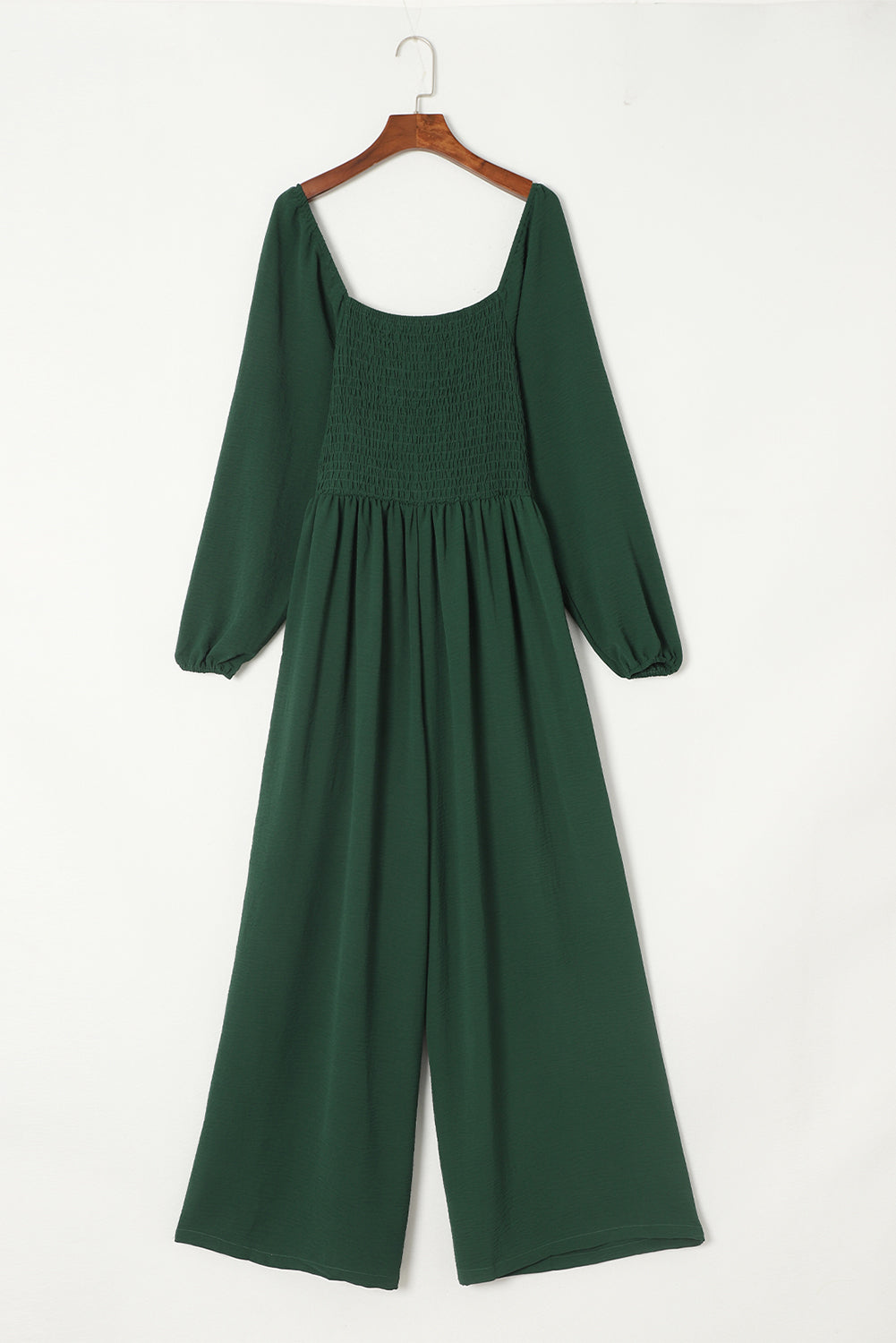 Green Smocked Square Neck Long Sleeve Wide Leg Jumpsuit - SELFTRITSS   