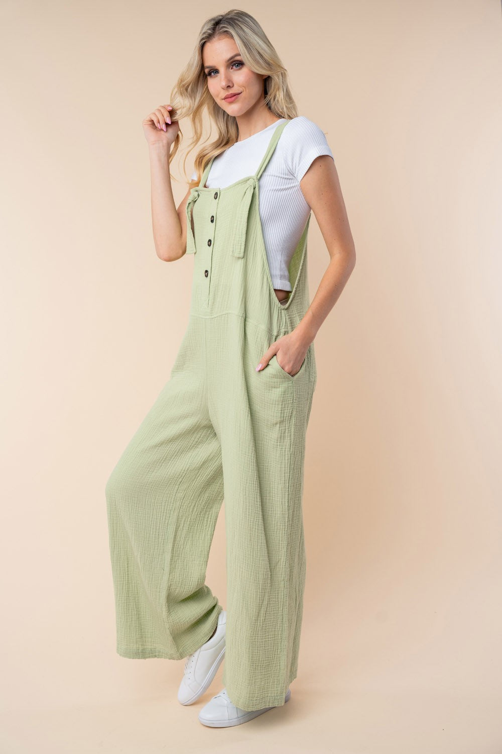 White Birch Texture Sleeveless Wide Leg Jumpsuit - SELFTRITSS