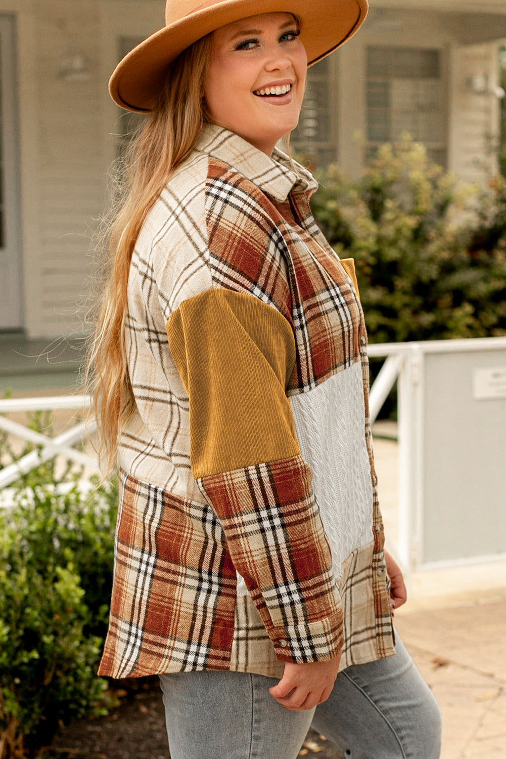 Golden Apricot Plus Size Plaid Patchwork Button up Shacket - SELFTRITSS   