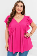 Plus Size Ruffle V Neck Tie Back Tunic Top - SELFTRITSS