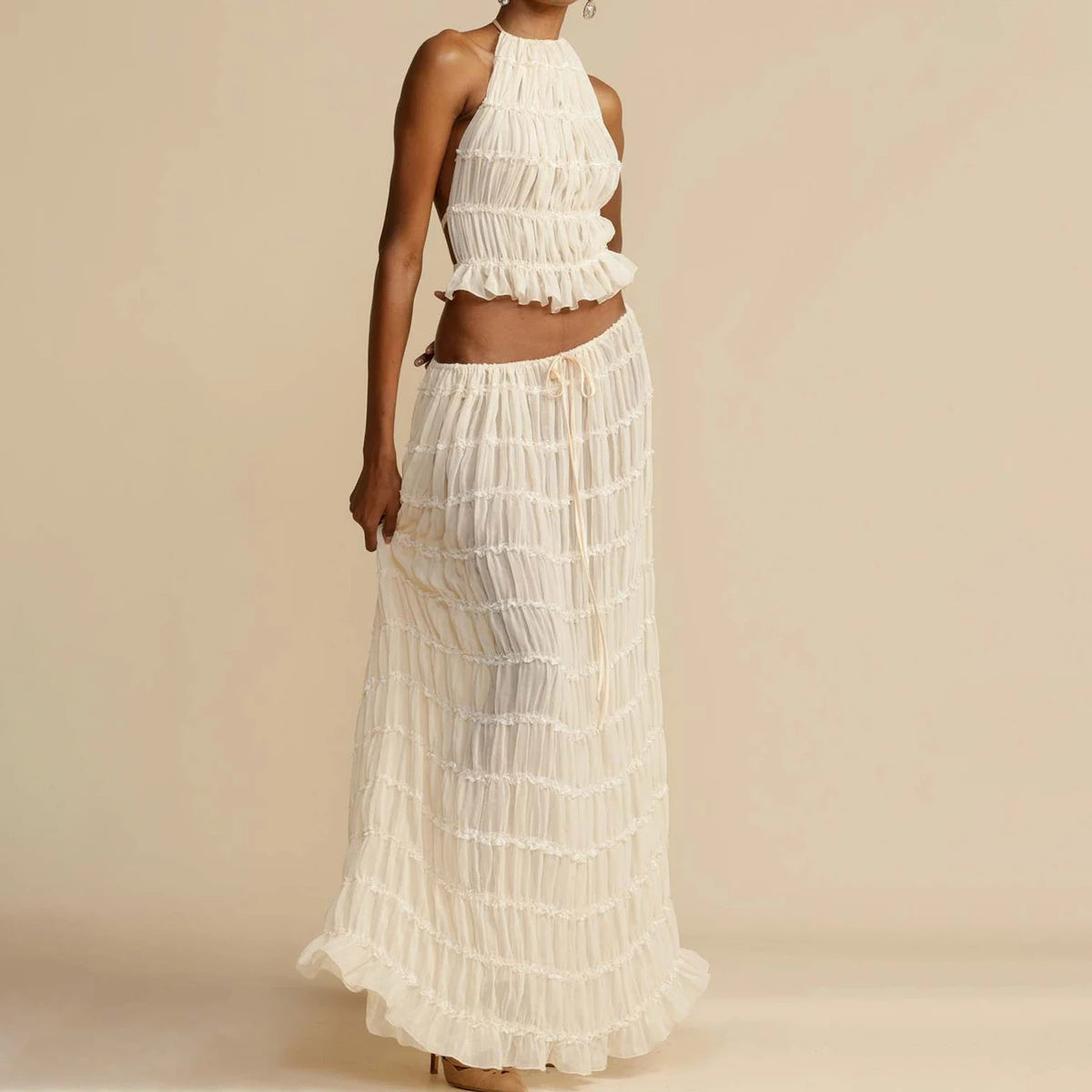 Sleeveless Backless Cropped Halter Top And Pleated Skirt Set - SELFTRITSS