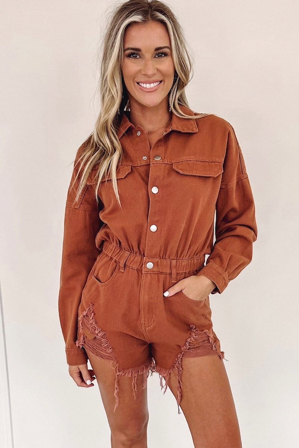 Gold Flame Long Sleeve Snap Buttons Distressed Denim Romper - SELFTRITSS