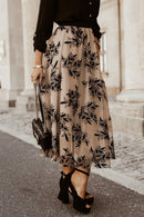 Apricot Floral Leaves Embroidered High Waist Maxi Skirt - SELFTRITSS