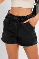 Black Retro Bleach-washed Ruffled Elastic High Waist Denim Shorts - SELFTRITSS