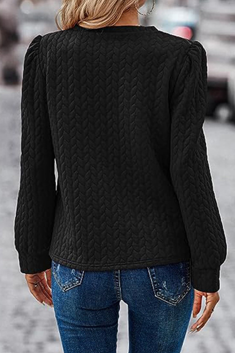 Black Cable Textured Puff Sleeve Sweatshirt - SELFTRITSS
