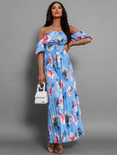 Pleated Floral Off-Shoulder Short Sleeve Midi Dress - SELFTRITSS