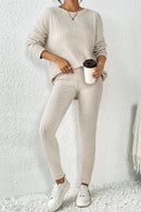 Apricot Ribbed Knit Loose Long Sleeve Top Skinny Pants Set - SELFTRITSS