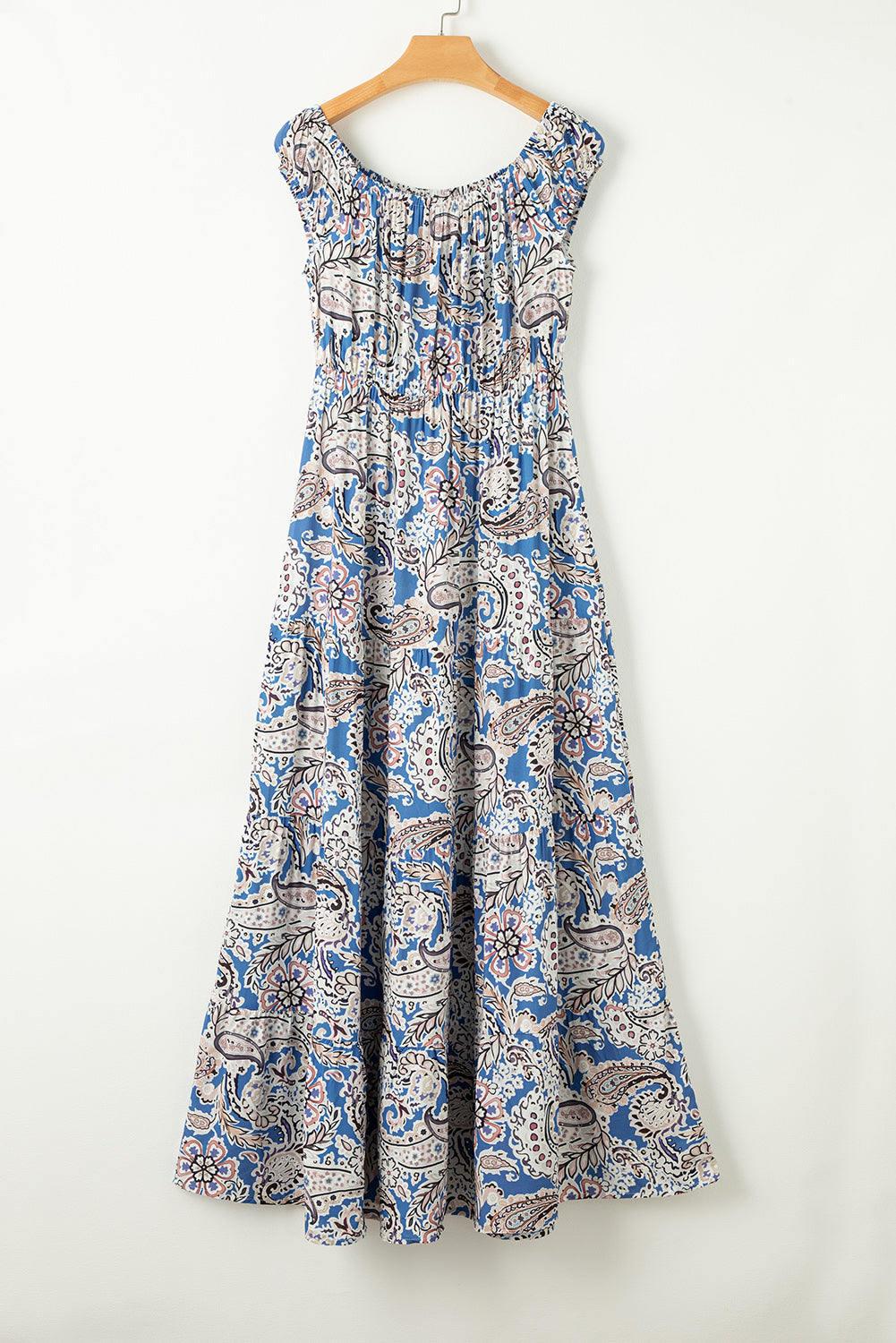 Blue Boho Paisley Print Off Shoulder Maxi Dress - SELFTRITSS