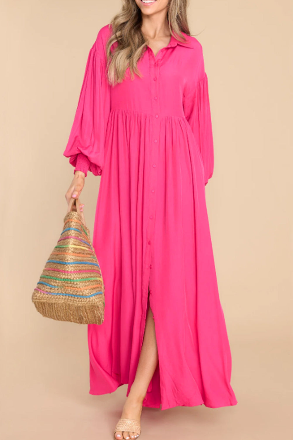 Rose Bubble Sleeve Shirt Maxi Dress - SELFTRITSS