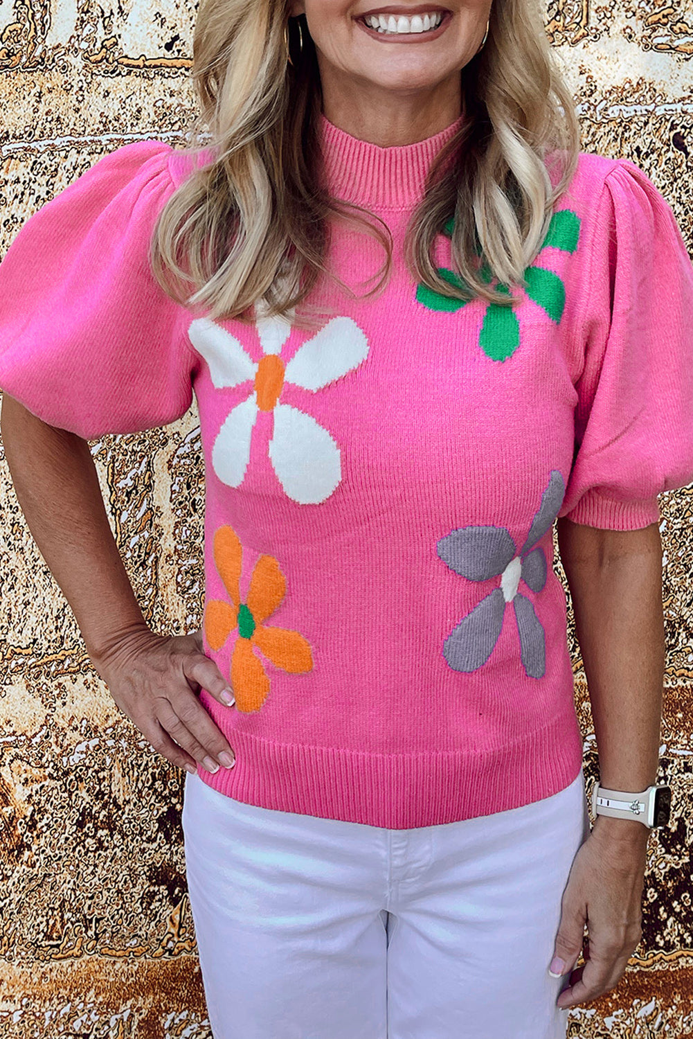 Bright Pink Floral Bubble Short Sleeve Sweater - SELFTRITSS