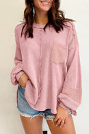 Pink Exposed Seam Patchwork Bubble Sleeve Waffle Knit Top - SELFTRITSS   