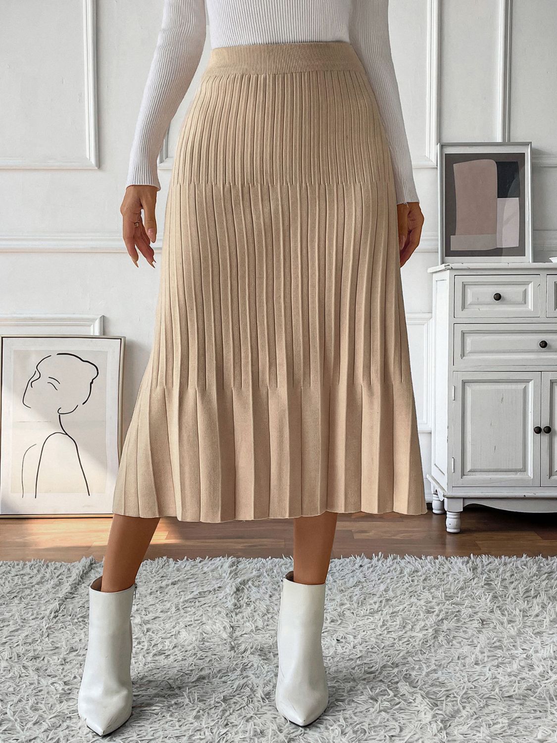 Tan Pleated Midi  Skirt