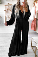 Black Cutout Back Belted V Neck Wide Leg Jumpsuit - SELFTRITSS   