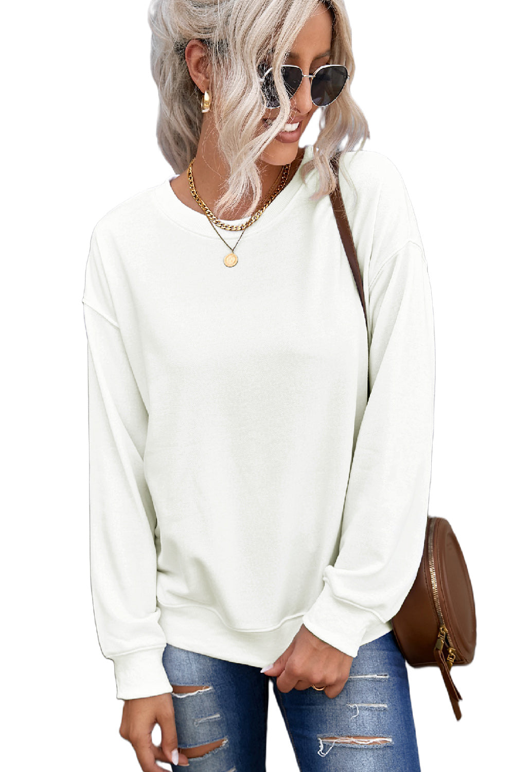 Beige Plain Crew Neck Pullover Sweatshirt - SELFTRITSS